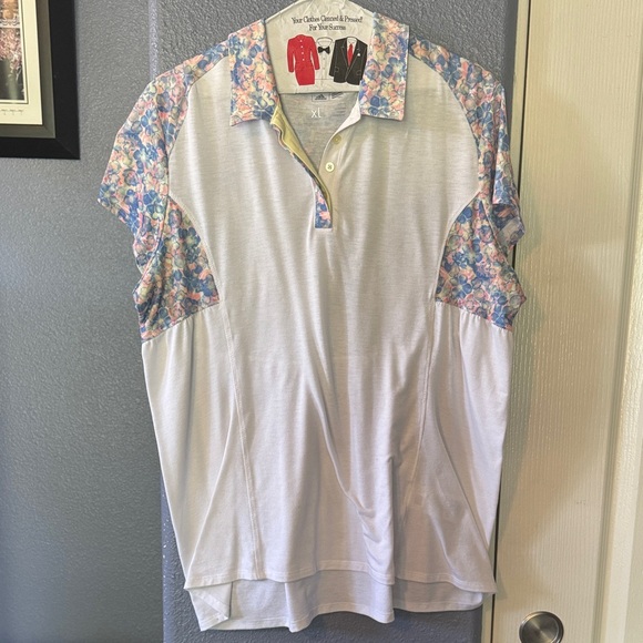 adidas Tops - Adidas Women's Floral Sleeve Polo Shirt - Gray and Multicolor